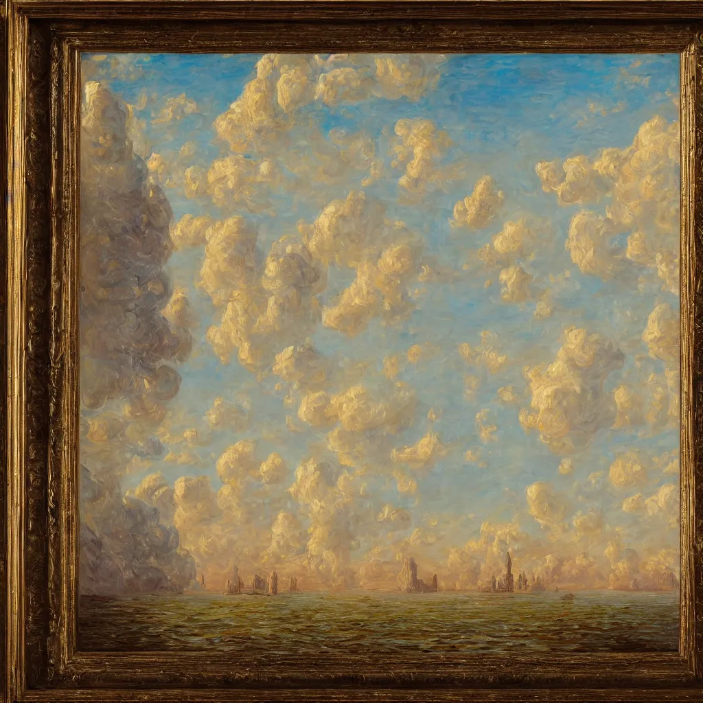 Prompt: 3d high relief painting of sea like glass, voluminous golden clouds like sheeps floating lightly in the air, massive looming ancient tower in the distance, dreamy, delicate, highly detailed, expressive impressionist style,in the style of William Schneider