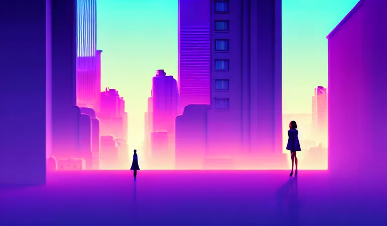 Image similar to a beautiful and immaculate futuristic city. the silhouette of a beautiful young woman standing in an alleyway. vaporwave ombre rendering. outrun style. trending on artstation. recommended for you behance. by chris moore. by edward hopper. beeple colors. metropolis filmic. gotham city.