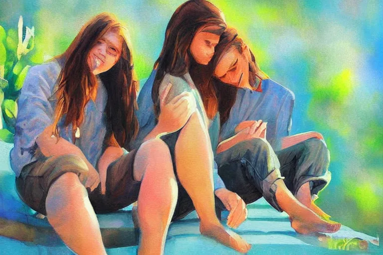 Prompt: beautiful painting of friends, beautiful faces, sitting on the edge, cute, soft light, digital painting by harry bertoia