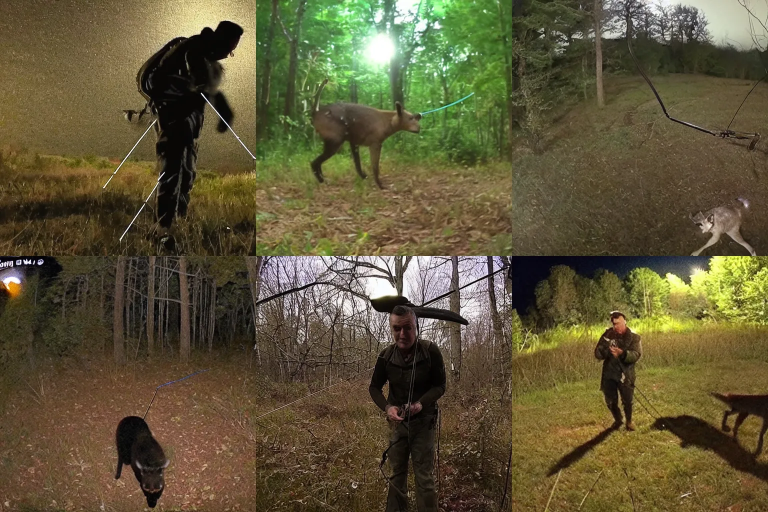 Prompt: trailcam footage of morrissey hunting an animal at night with a bow