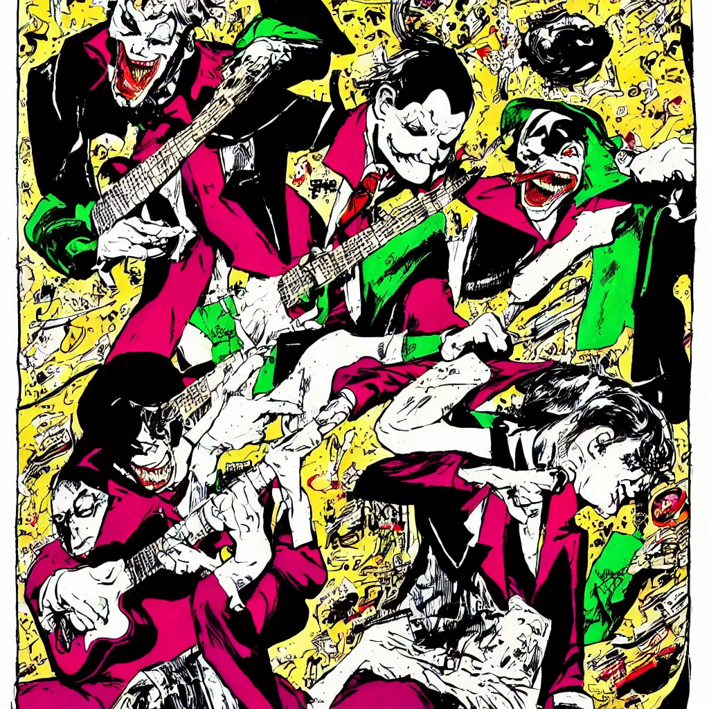 Prompt: joker playing guitar, by frank miller, comic