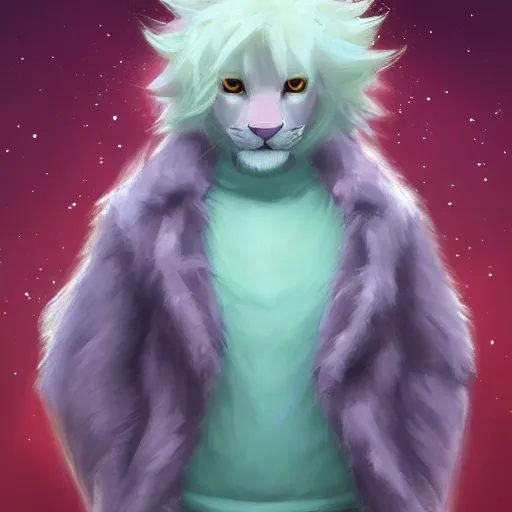 Prompt: aesthetic portrait commission of an albino male furry anthro lion wearing a cute mint colored, cozy, soft pastel winter outfit. winter atmosphere character design by charlie bowater, ross tran, artgerm, and makoto shinkai. art from furaffinity, weasyl, deviant art, and tumblr.
