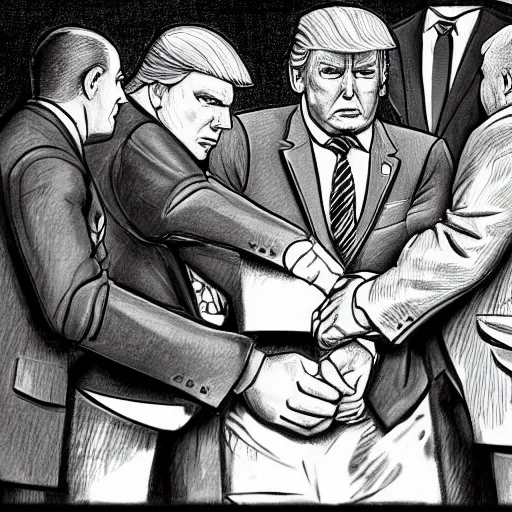 Prompt: a perfect hand drawn picture of donald trump being put into hand cuffs by fbi a gents outside of his florida country club, insanely detailed