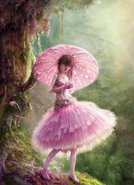 Prompt: A princess with a tattered pink tutu, mushroom umbrella, moss, dewdrops, watercolor, dramatic lighting, cinematic, establishing shot, extremely high detail, foto realistic, cinematic lighting, pen and ink, intricate line drawings, by Yoshitaka Amano, Ruan Jia, Kentaro Miura, Artgerm, post processed, concept art, artstation, matte painting, style by eddie mendoza, raphael lacoste, alex ross,