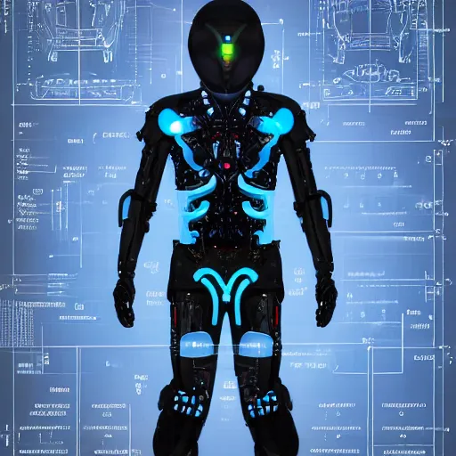 Prompt: a cybernetic suit with advanced alien technology and glowing accents, engineering blueprint