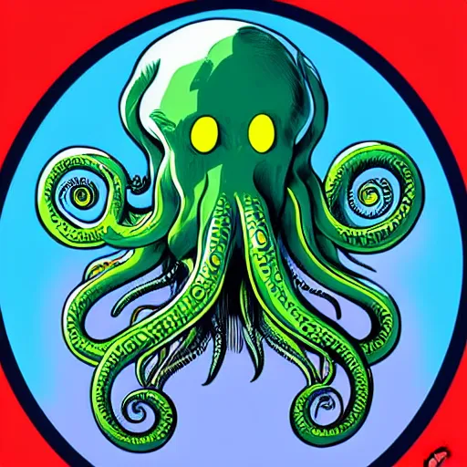 Prompt: hyper realistic award winning illustration by jamie mckelvie of in frame cute cthulhu moving it's tentacles against a blue background, digital art