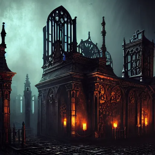 Image similar to steam necropolis, memento mori, gothic, neo - gothic, art nouveau, hyperdetailed copper patina medieval icon, stefan morrell, philippe druillet, ralph mcquarrie, concept art, steampunk, unreal engine, detailed intricate environment, octane render, moody atmospherics, volumetric lighting, ultrasharp, ominous, otherworldly