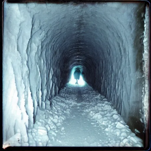 Image similar to a dark and narrow ice tunnel, dark, creepy, eerie, unsettling, terrifying, old polaroid, expired film, deep,