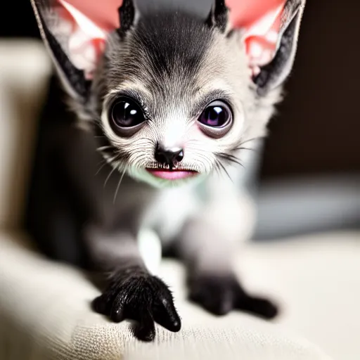 Prompt: a photo of a cute bat kitten, sitting on a chair, photo taken by a nikon, very detailed, 8k