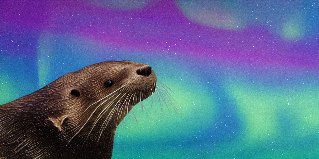 Prompt: an otter swimming through the aurora borealis, expressive colors, surreal, impressionist, 4k