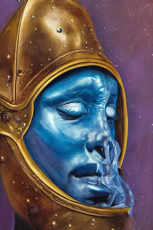 Image similar to hyperrealism oil painting, close - up portrait of face hiding in stingray medieval fashion model, knight, steel gradient mixed with nebula sky, in style of baroque mixed with 7 0 s book art