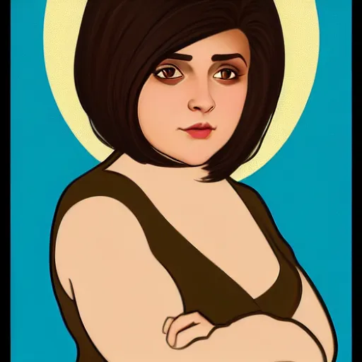 Image similar to chubby brunette woman with straight hair in a short bob, round face, romanian heritage, brown eyes, olive skin, bulbous nose, big chin, no bangs, digital art, cartoon, 8k, illustration, art nouveau, Alphonse Mucha, trending on artstation, medium shot, head shot