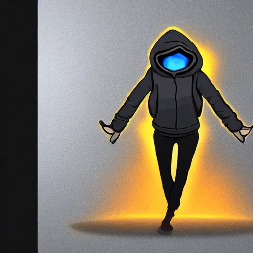 Image similar to hearthstone art of a hacker wearing a ski mask with two arms, two legs, black sweatshirt, black pants, by grey walls and grey lighting.