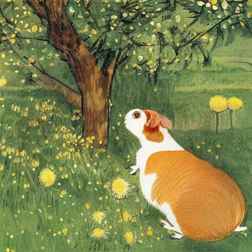 Prompt: a guinea pig sitting in a field of dandelions, an apple tree in the background In the style of Anders Zorn