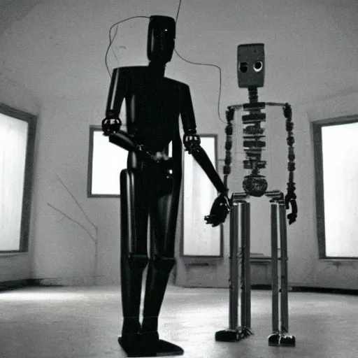 Prompt: a man and a robot in a moment of jealousy, film still, Film by Andrzej Zulawski