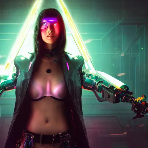 Prompt: cyberpunk woman wields massive glowing soulsword