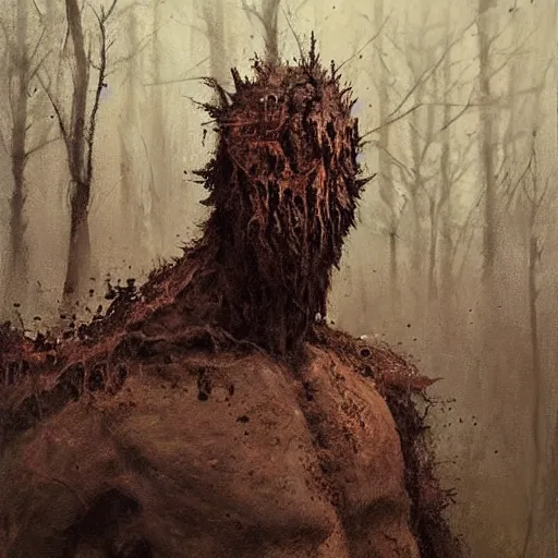 Image similar to painting by jakub rozalski of a muddy rooted humanoid creature with a big hole in the head. half body closeup