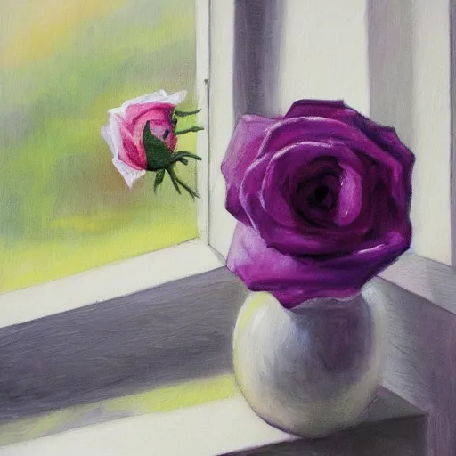 Prompt: A painting of a rose in a vase on a windowsill, with natural light streaming in from the window. The violet is also included in the composition. The painting has an impressionistic style, with soft, blurry lines and muted colors., trending on artstation