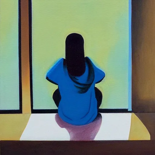 Prompt: woman sitting by the window waiting for someone, low key acrylic painting, stunning masterpiece by a very talented artist , very beautiful