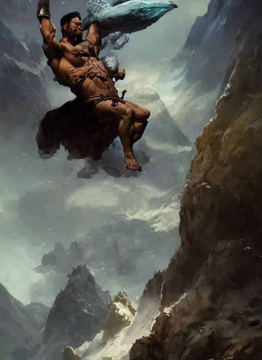 Image similar to Olympus by Frank Frazetta, Greg Rutkowski, Boris Vallejo, epic fantasy character art, greek Nicolas Cage god, Exquisite detail, post-processing, masterpiece, cinematic