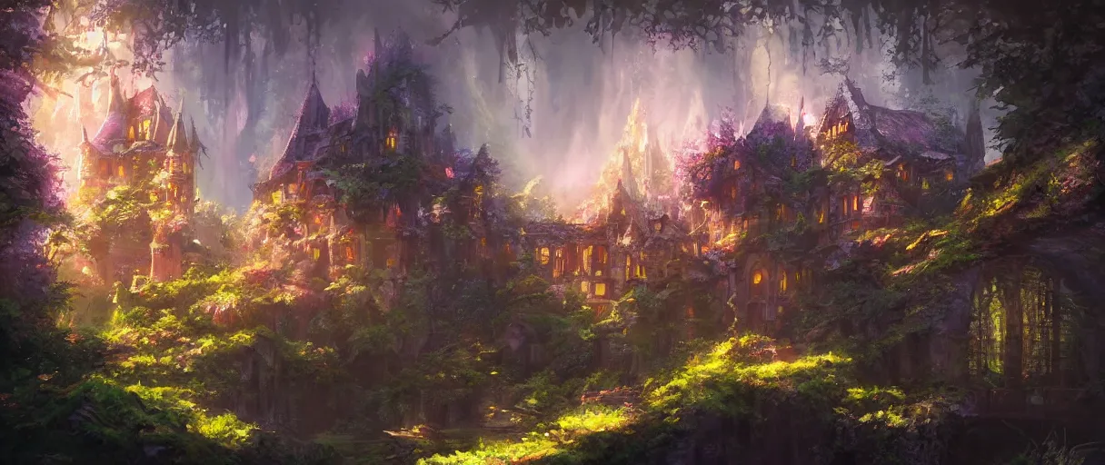 Image similar to magical castle in the forest behind a garden, concept art, digital painting, style of jordan grimmer, warm lighting, futuristic, volumetric lighting, view from below, vivid colours, bright, daytime, godrays, high detail