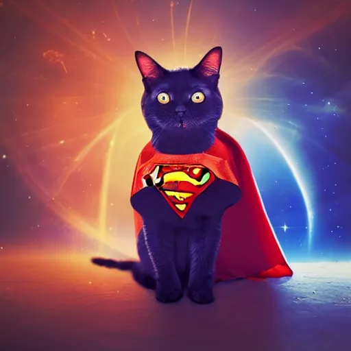 Prompt: a cat wearing superman cape, a red cape floating through galaxies of space on a recliner chair, cosmic rays, dramatic lighting, spirals galaxies