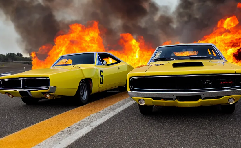 Image similar to a yellow 1 9 6 9 dodge charger daytona driving on a freeway. fire explosion in the background, action scen. realistic. high resolution. dramatic