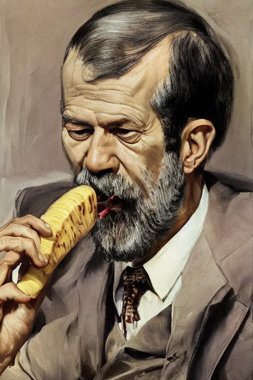 Image similar to portrait of sigmund freud eating one banana, twirling a hula hoop, by frank mccarthy, by lucian freud