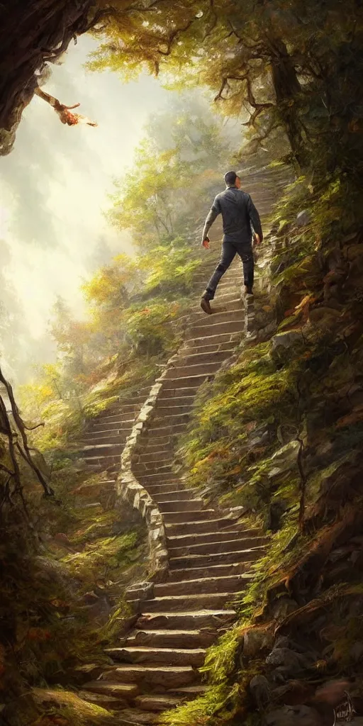 Prompt: a man walking up a steep and impossible staircase, in beautiful woods, intricate, elegant, highly detailed, oil painting, artstation, concept art, sharp focus, beautiful illustration, cgsociety, by justin gerard and artgerm, 4 k
