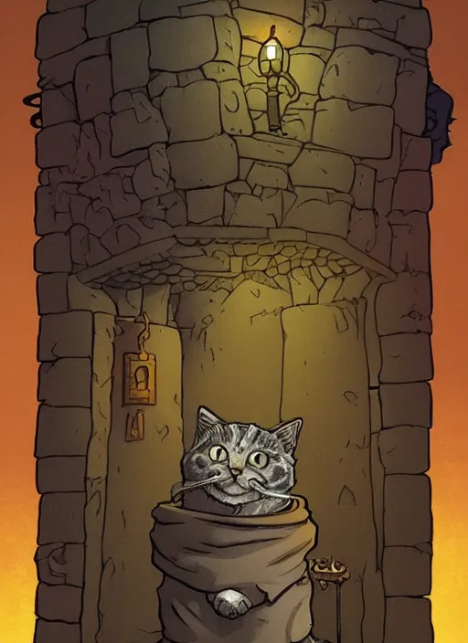 Image similar to highly detailed, hyper realistic wizard cat with a dungeon background by mike mignola