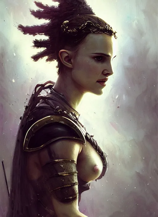 Image similar to young natalie portman, legendary warrior, warframe, lord of the rings, tattoos, decorative ornaments, battle armor, carl spitzweg, ismail inceoglu, vdragan bibin, hans thoma, greg rutkowski, alexandros pyromallis, cute, perfect face, detailed, sharply focused, centered, rule of thirds, photorealistic shading