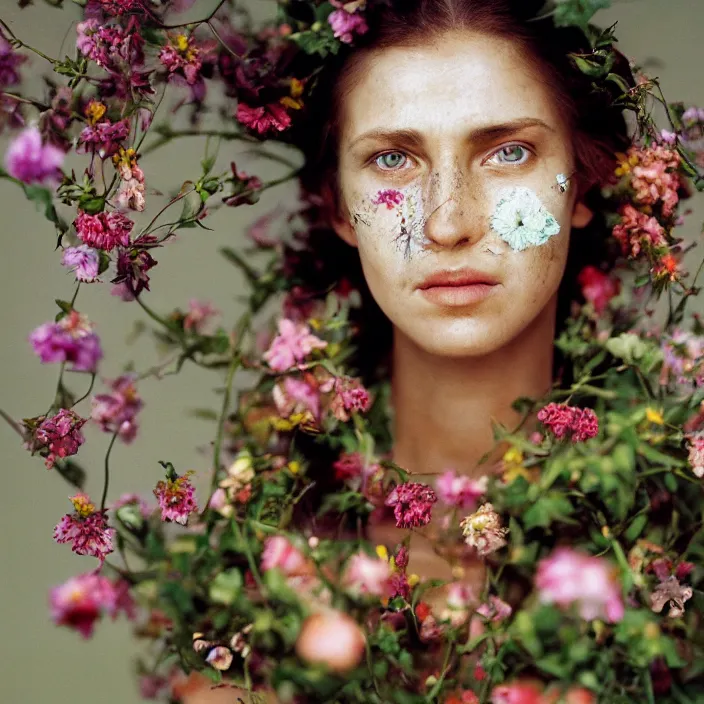 Image similar to closeup portrait of a woman with flowers growing out of her face, by Annie Leibovitz and Steve McCurry, natural light, detailed face, CANON Eos C300, ƒ1.8, 35mm, 8K, medium-format print