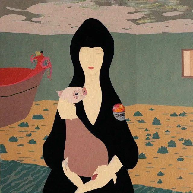 Image similar to tall female emo artist holding a pig in her flooded bathroom, mushrooms, octopus, water gushing from ceiling, painting of flood waters inside an artist's bathroom, a river flooding indoors, pomegranates, pigs, ikebana, zen, river, rapids, waterfall, black swans, canoe, berries, acrylic on canvas, surrealist, by magritte and monet