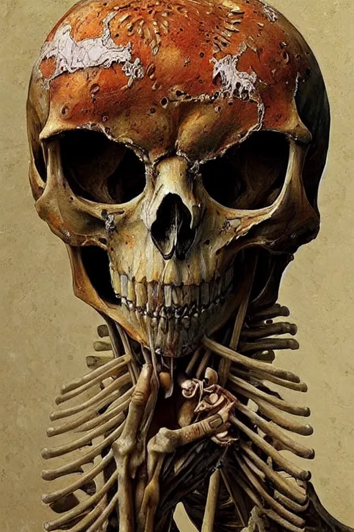 Image similar to realistic detailed statue of an owl skeleton, cracked body full of scars, made by Karol Bak and Bernini. Rich colors. Beksinski and painting. Masterpiece