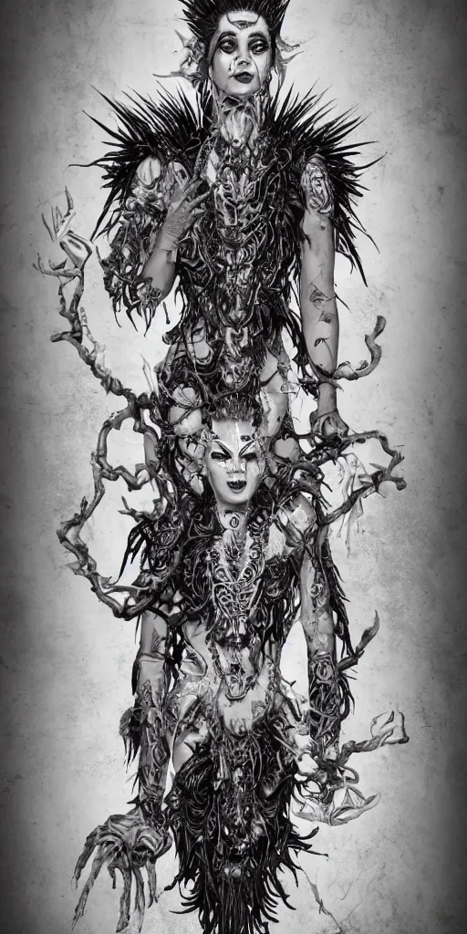 Image similar to full body and head , spiked black hair character design of realistic asian Sumerian Death Goddess ivory skin runic icons + mystical symbols, with small bleached bones covering vest and flowing electricity and smoke , fantasy, intricate, elegant, highly detailed, artstation, ,photoreal, ghostbusters , peter mordenbacher,Mike Winkelmann, ultra realistic, intricate, epic lighting, 8k resolution, unreal engine 5, ultraviolet colors