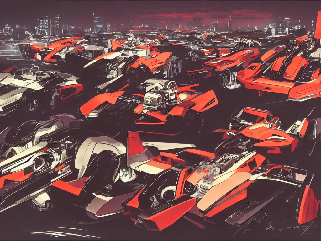 Image similar to Mechbots designed by Ferrari and Lamborghinis in battle in Tokyo at night by syd mead