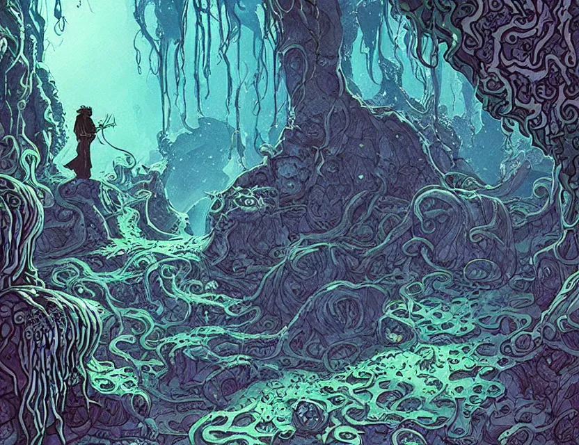 Prompt: an adventurer in a lovecraftian eldritch cave with crystals and plants. this ink painting by the award - winning cartoonist has dramatic lighting, an interesting color scheme and great sense of depth.