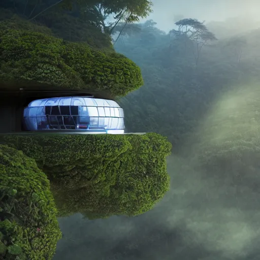 Prompt: extreme wide shot a futuristic containment building in a rainforest valley with a city in the distance, national geographic, hyper realistic, 4 k, harsh light, artstation