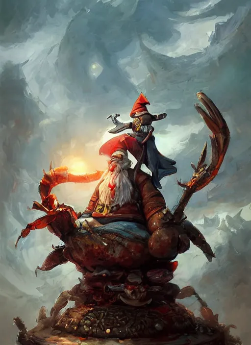 Image similar to a wondrous gnome wizard sitting atop a giant crab painted by raymond swanland