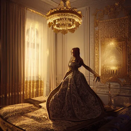 Image similar to an incredibly beautiful and elegant woman covered in intricate gold leaf detail in a gothic hotel room with soft indirect lighting, an ultrafine detailed illustration by victoria frances, final fantasy, cinematic colors, behance contest winner, unreal engine 5 highly rendered, global illumination, radiant light, detailed and intricate environment, matte painting, artstation