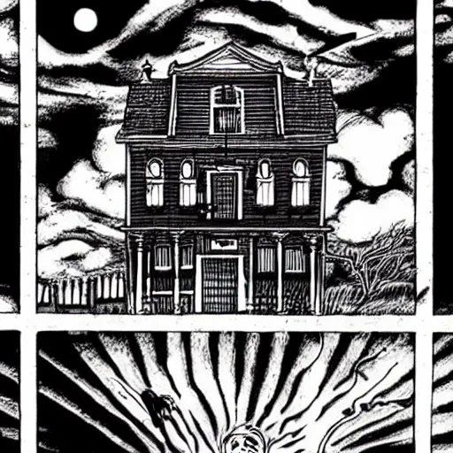 Prompt: a haunted house, by junji ito