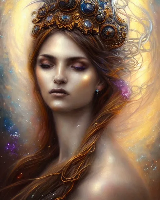 Image similar to portrait of a beautiful celestial goddess, unusual beauty, esoteric, muted colors, head in focus, fantasy art, ornamental aesthetics intricate, elegant, highly detailed, hyperrealistic painting, artstation, concept art, painterly, sharp focus, illustration, art by lois royo