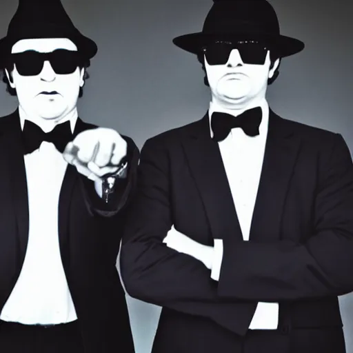 Image similar to blues brothers walking towards camera with white background. wearing suits. strong shadows. high contrast. serious look. carrying a pistol