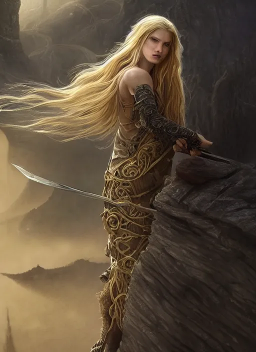 Prompt: A beautiful Norse Goddess with long flowing blonde hair standing on a ledge with a blade in hand, fantasy, intricate, elegant, highly detailed, D&D, digital painting, artstation, concept art, matte painting, sharp focus, illustration, extremely moody lighting, glowing light and shadow, atmospheric, shadowy, cinematic, in the style of Greg Rutkowski and artemisia gentileschi and Alphonse Mucha