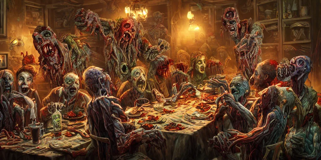 Prompt: zombies eating dinner at a christmas party, monster anatomy, ross tran, vivid colors anatomical, highly detailed sculpture, intricate detailed, ommatidia, 8 k, cinematic atmosphere, post - processing