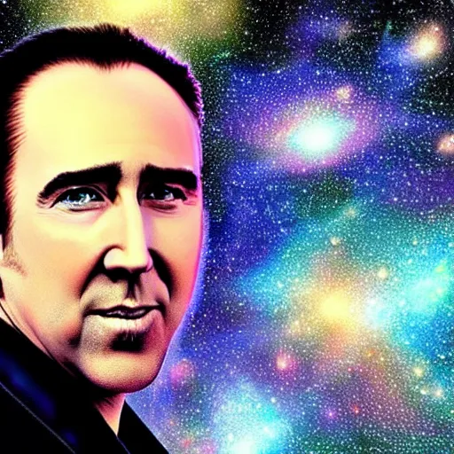 Prompt: nicholas cage very happy expression, cosmic starfield background digital art