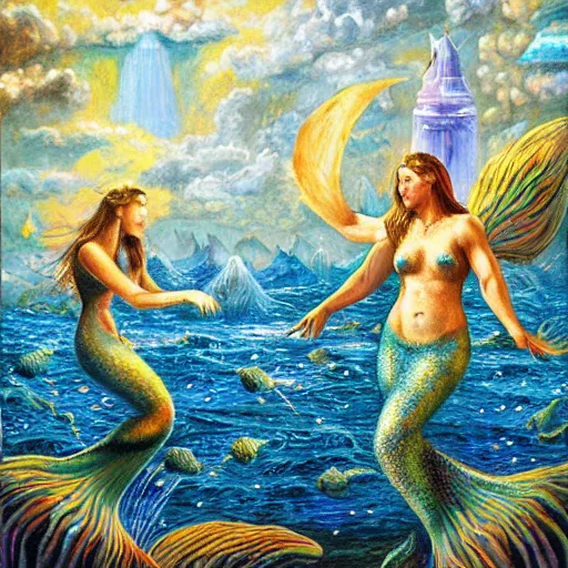 Image similar to highly detailed pleadian towers and worlds with mermaids swimming in the deep with blue hue oil painting