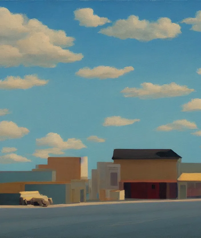 Prompt: baby blue sky with very aesthetic stylized clouds, in the style of edward hopper, very fine brushstrokes, 4 k,