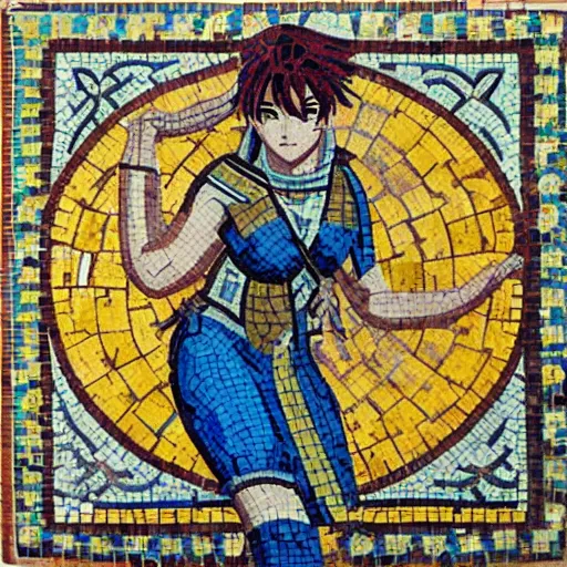 Prompt: ancient Roman tile mosaic depicting cyberpunk anime girl