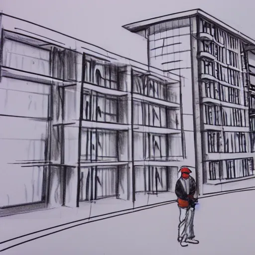 Prompt: civil engineer in front of building under construction, hand drawn, sketch